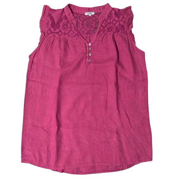 Made in Italy 100% Linen Lace Tunic Pintuck Blouse Large Fuchsia Boho Lagenlook - Picture 1 of 7
